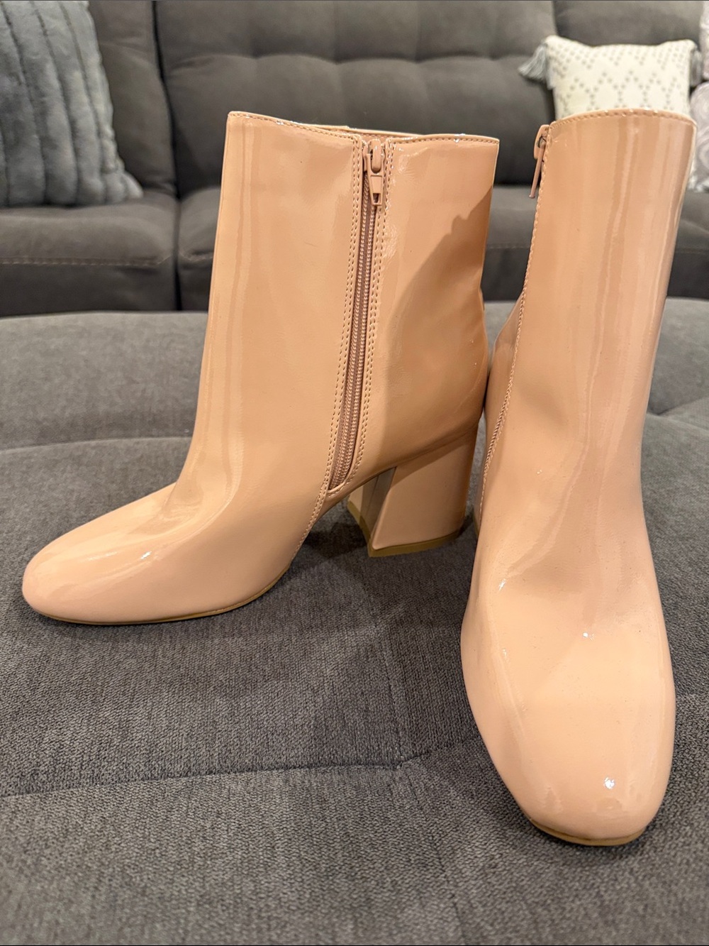 BAMBOO Nude Patent Block Heel Ankle Booties